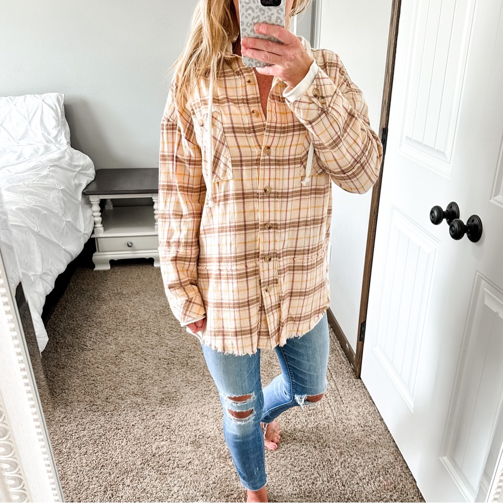 BKE Boyfriend Plaid Hooded Button Down Flannel Sweatshirt/Tunic Women's Small